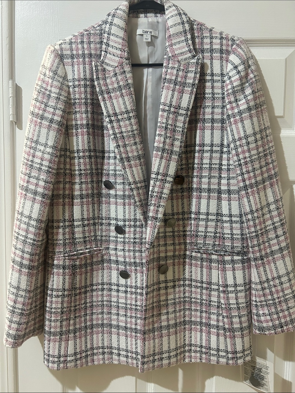 Bar III Pink and Black Plaid Double-Breasted Blazer